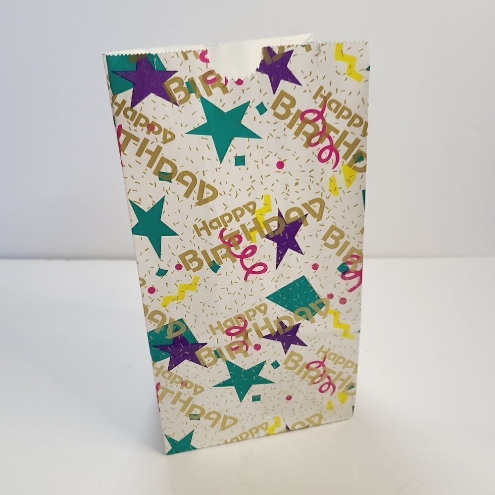 Vintage 90s Geometric Star Confetti Happy Birthday Paper Gift Bag
